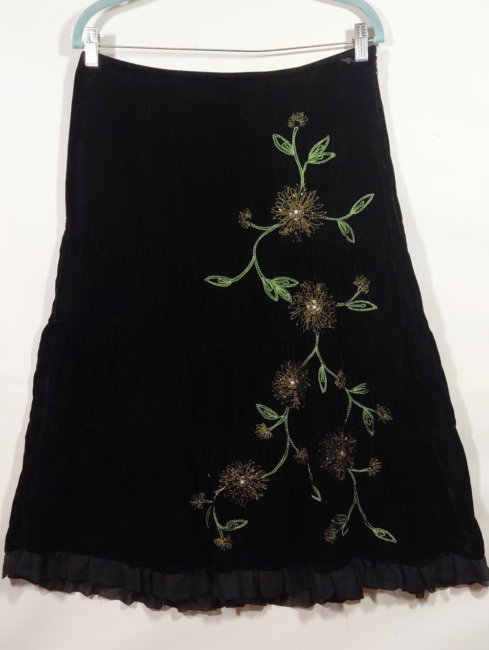 Carole Little Black Velvet A-Line Skirt Green Gold Floral Embroidered Beading
